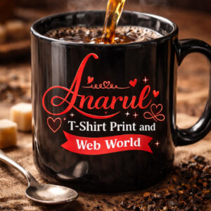 Black ceramic coffee mug with Anarul T-Shirt Print and Web World logo printed in red stylish typography.